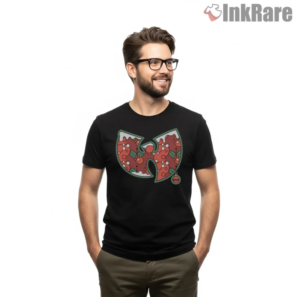 Holly Pattern Wu Tang Holiday Emblem Shirt on black short sleeve shirt for men graphic tee