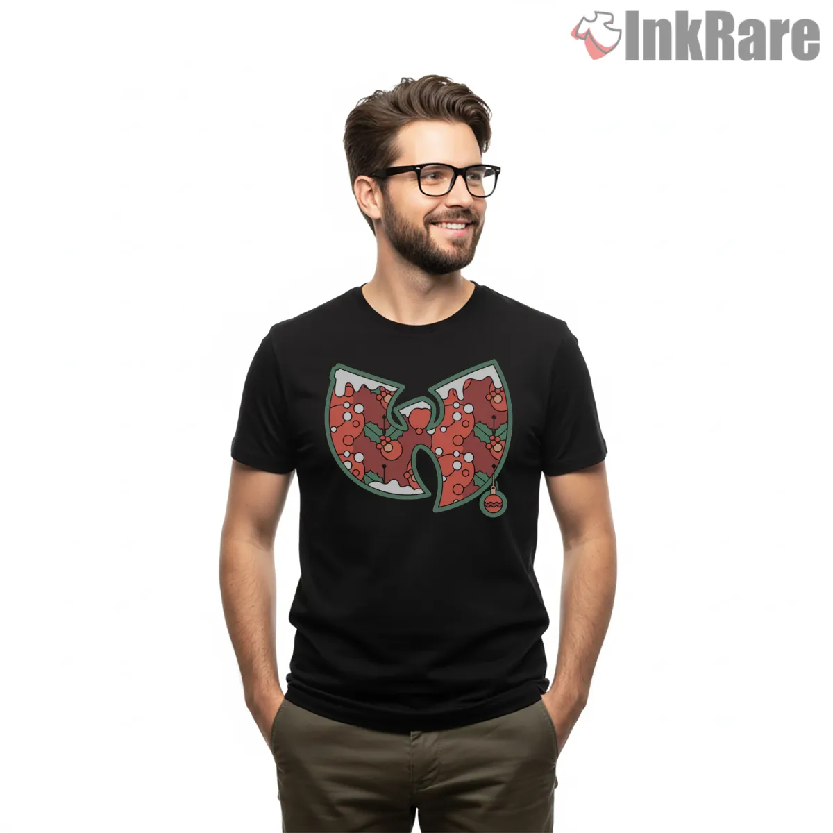 Holly Pattern Wu Tang Holiday Emblem Short Sleeve Black Holly Pattern Wu Tang Holiday Emblem Shirt on black short sleeve shirt for men graphic tee
