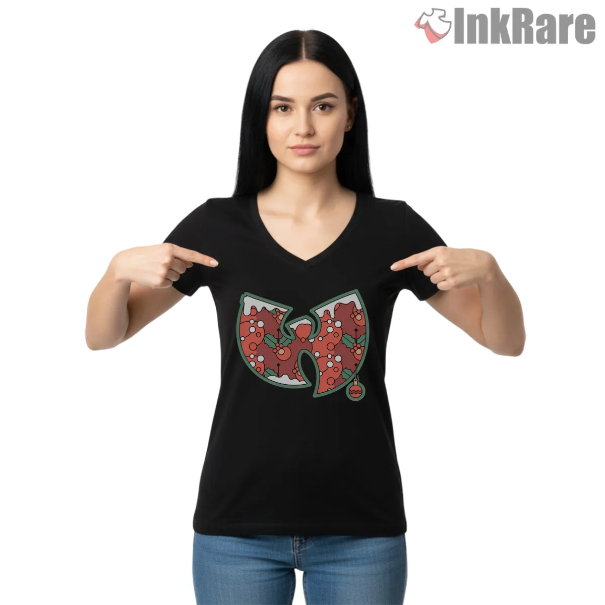 Holly Pattern Wu Tang Holiday Emblem V Neck Black Holly Pattern Wu Tang Holiday Emblem Shirt on black v-neck shirt for women graphic tee