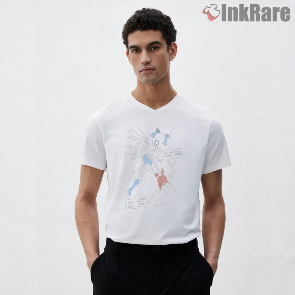 Holy Highwire Retro Batman Sketch Shirt on white v-neck shirt for men graphic tee