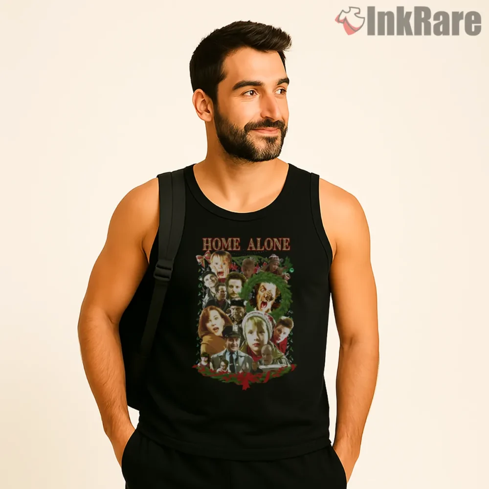 Home Alone Cast Christmas Collage Shirt on black tank top for men graphic tee