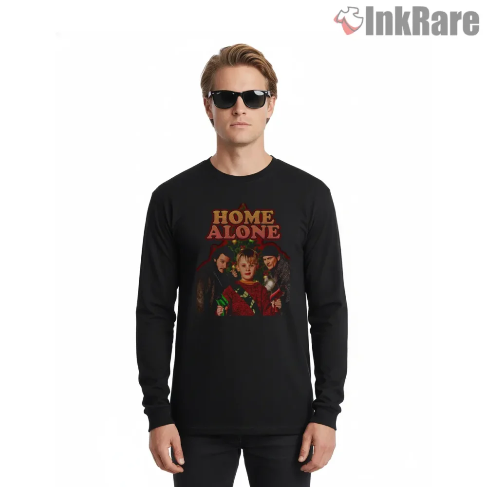 Home Alone Classic Movie Poster Shirt on black long sleeve shirt for men graphic tee