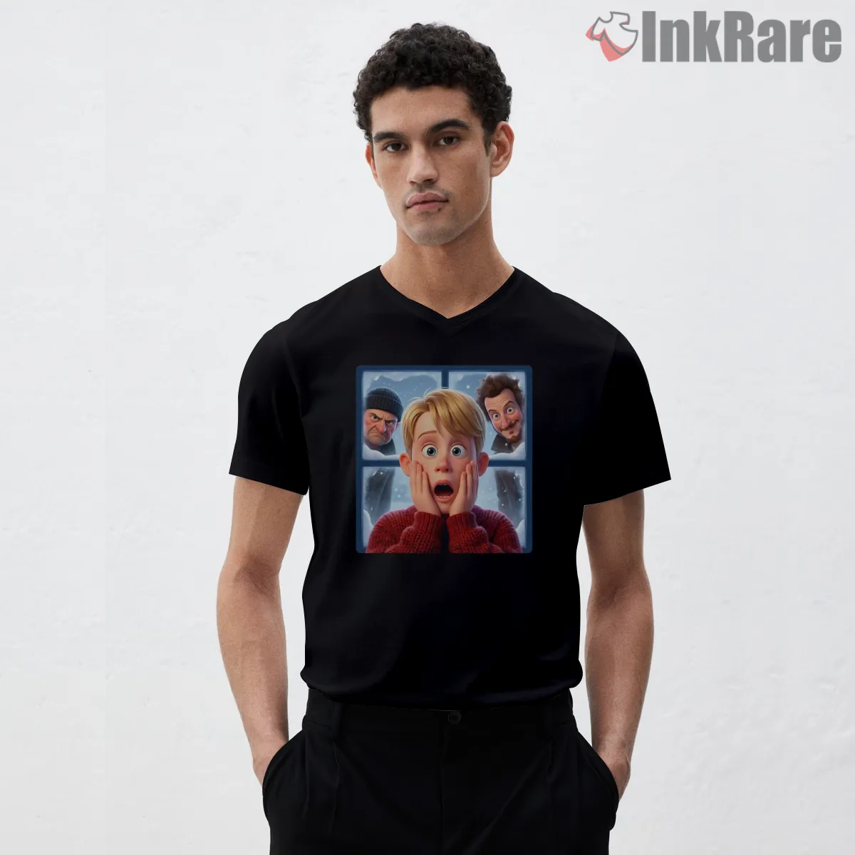 Home Alone Classic Scream Poster V Neck Black Home Alone Classic Scream Poster Shirt on black v-neck shirt for men graphic tee