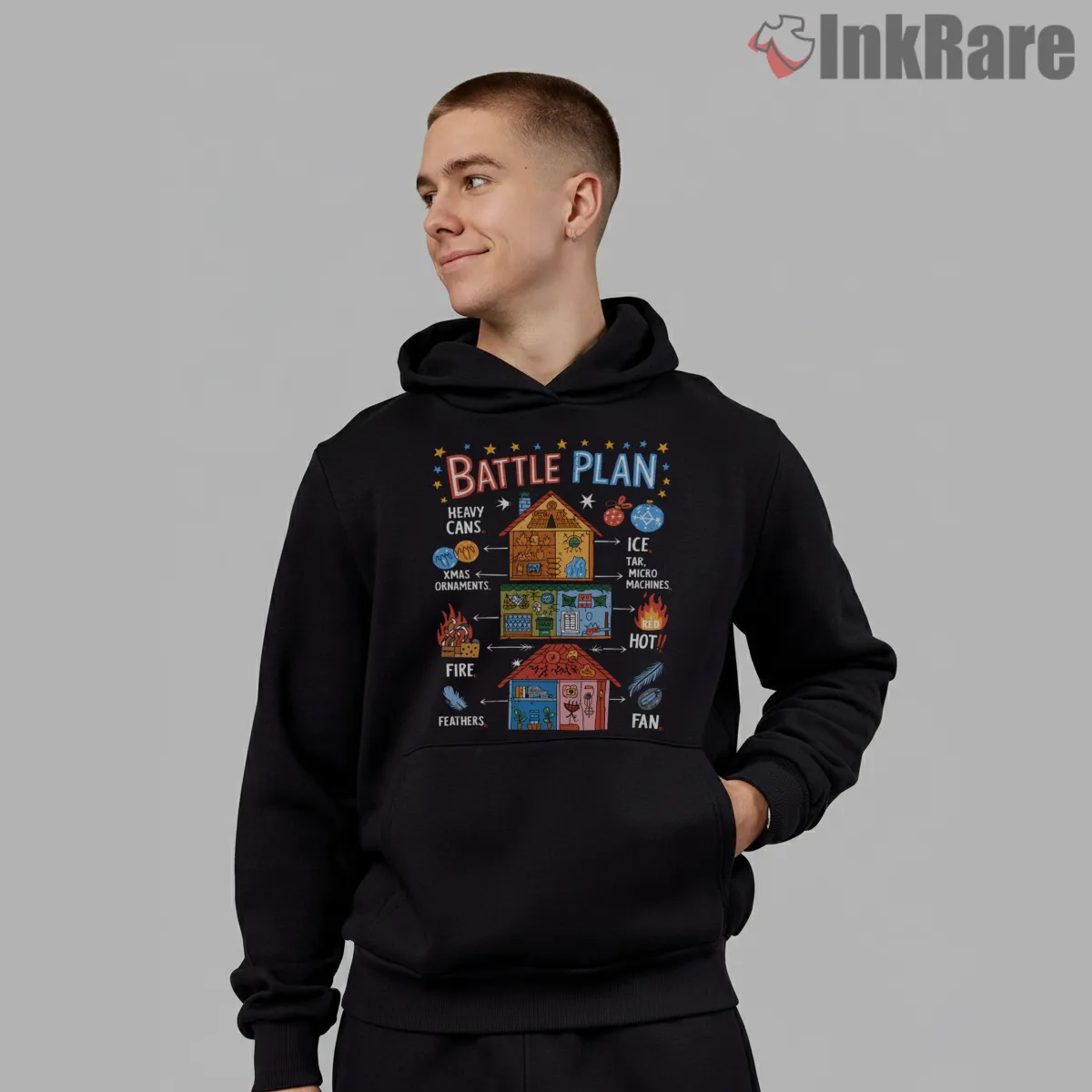 Home Alone Colorful Battle Plan Chalkboard Shirt on black hoodie for men graphic tee