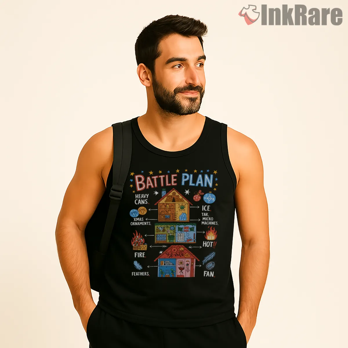 Home Alone Colorful Battle Plan Chalkboard Tank Top Black Home Alone Colorful Battle Plan Chalkboard Shirt on black tank top for men graphic tee