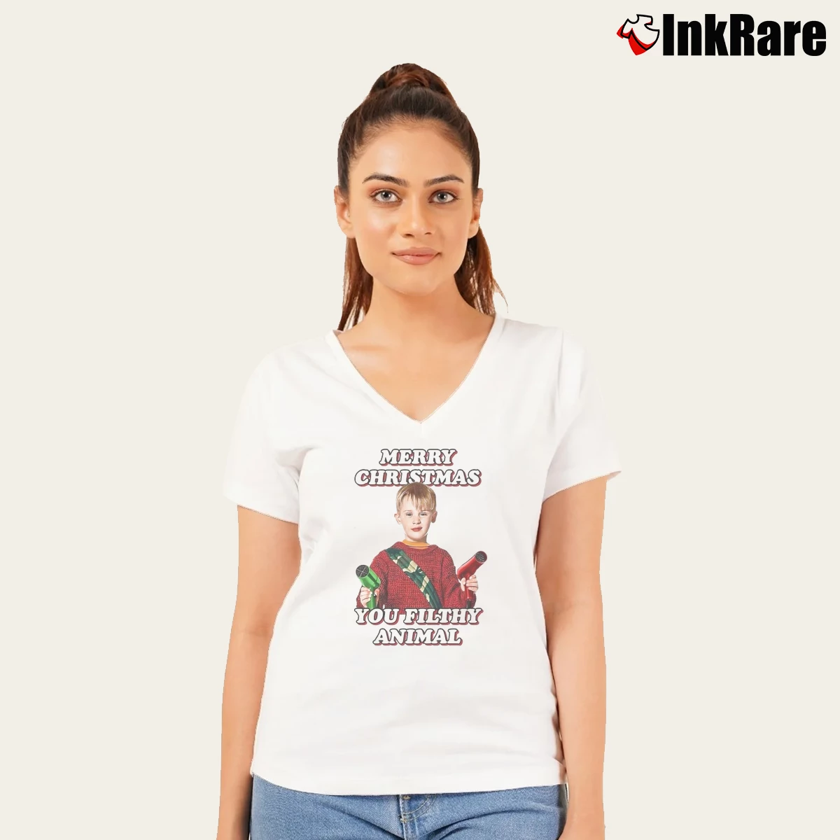 Home Alone Filthy Animal Women’s V-Neck Tee in white – Flattering Fit Women’s Home Alone Filthy Animal V-Neck Tee in white | Chic Neckline, Soft Texture