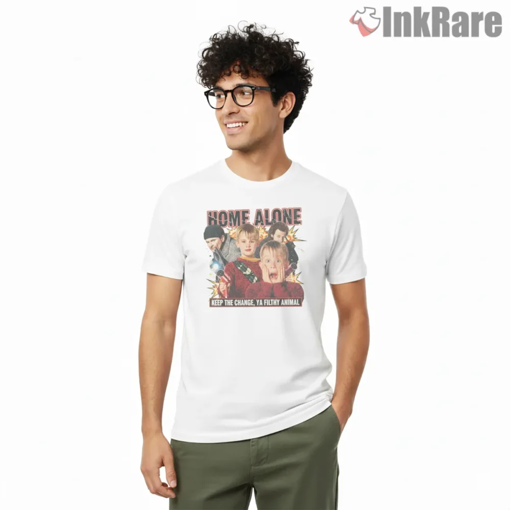 Home Alone Keep The Change Ya Filthy Animal Collage Shirt on white short sleeve shirt for men graphic tee