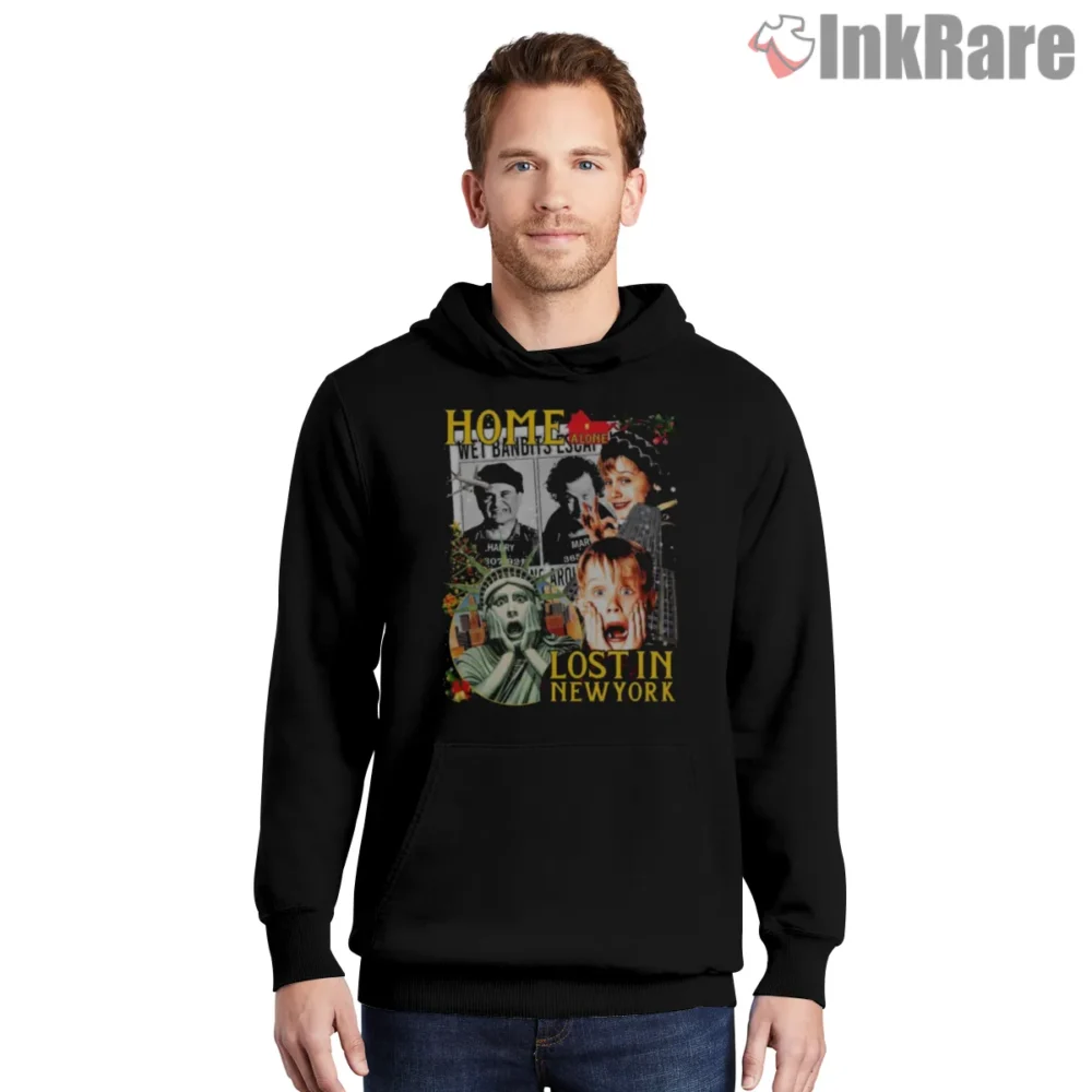 Home Alone Lost In New York Collage Shirt on black hoodie for men graphic tee