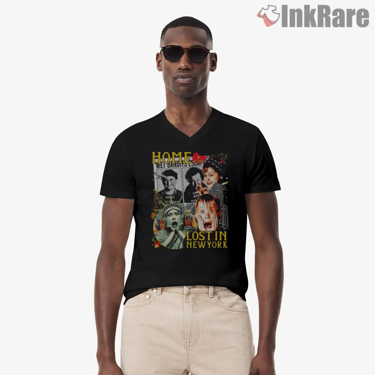 Home Alone Lost In New York Collage V Neck Black Home Alone Lost In New York Collage Shirt on black v-neck shirt for men graphic tee