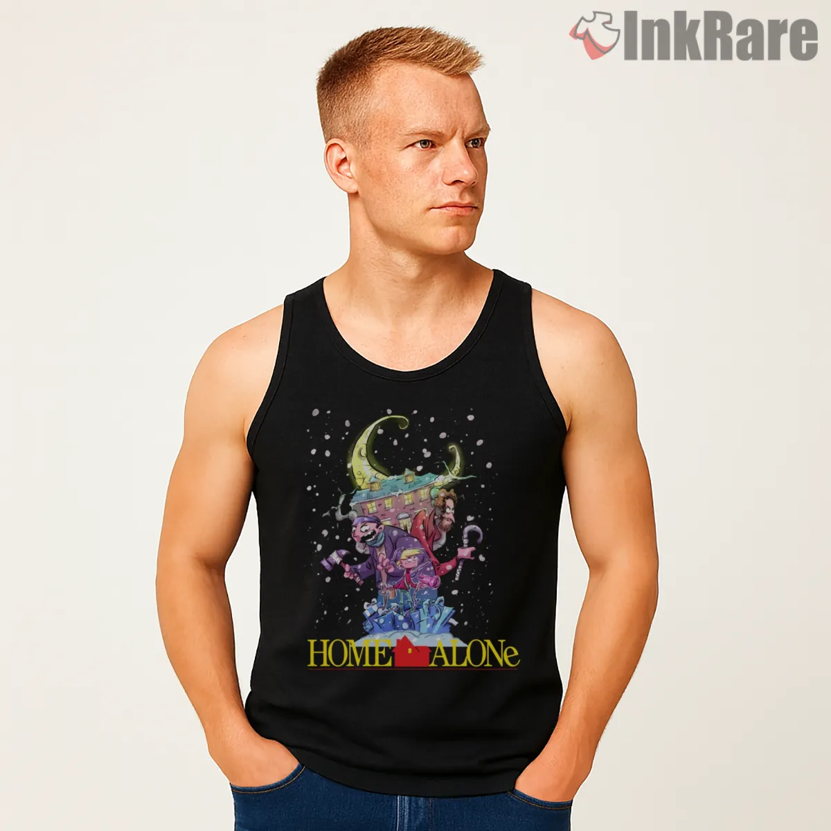 Home Alone Moonlit Rooftop Cartoon Tank Top Black Home Alone Moonlit Rooftop Cartoon Shirt on black tank top for men graphic tee