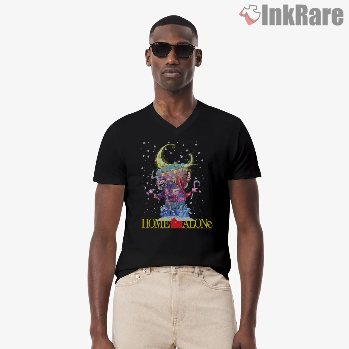 Home Alone Moonlit Rooftop Cartoon V Neck Black Home Alone Moonlit Rooftop Cartoon Shirt on black v-neck shirt for men graphic tee