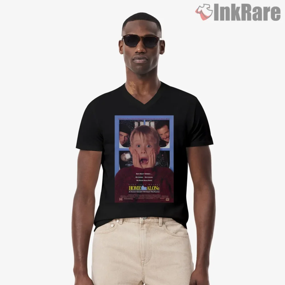 Home Alone Purple Classic Poster Shirt on black v-neck shirt for men graphic tee