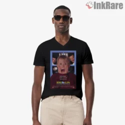 Home Alone Purple Classic Poster Shirt on black v-neck shirt for men graphic tee
