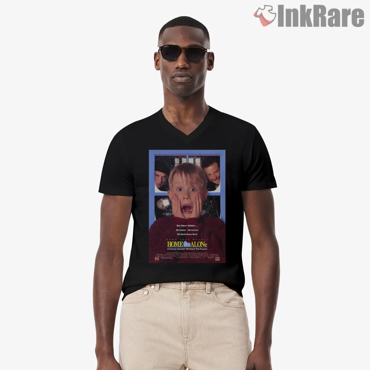 Home Alone Purple Classic Poster V Neck Black Home Alone Purple Classic Poster Shirt on black v-neck shirt for men graphic tee