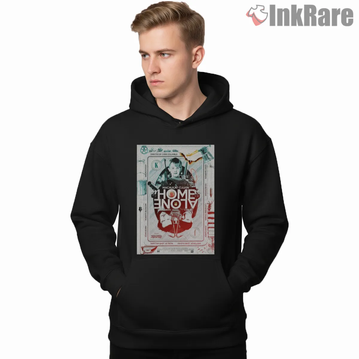 Home Alone Retro Ticket Poster Shirt on black hoodie for men graphic tee