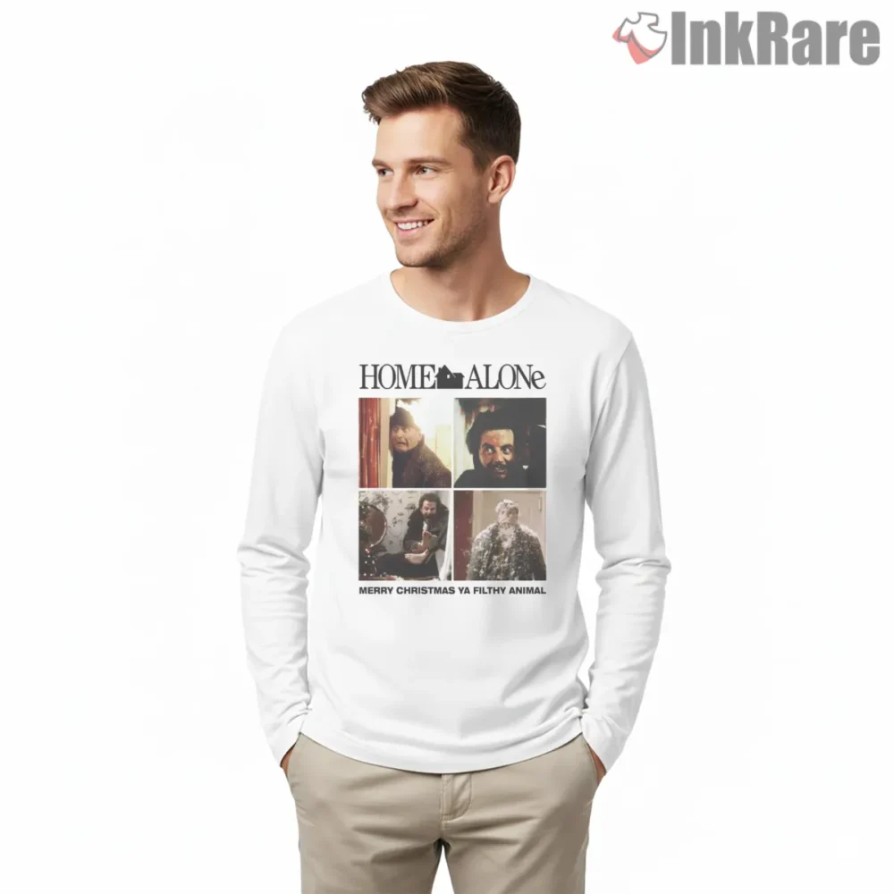 Home Alone Scenes Merry Christmas Ya Filthy Animal Shirt on white long sleeve shirt for men graphic tee