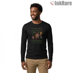 Home Alone Ugly Christmas Character Sweater Shirt on black long sleeve shirt for men graphic tee