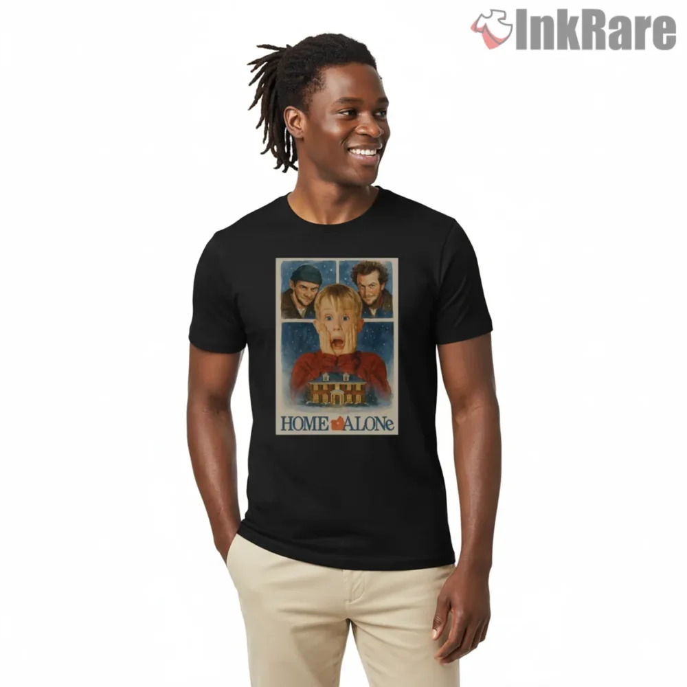 Home Alone Watercolor Art Poster Shirt on black short sleeve shirt for men graphic tee