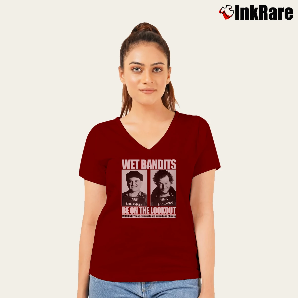 Home Alone Wet Bandits Women’s V-Neck Tee in maroon – Flattering Fit Women’s Home Alone Wet Bandits V-Neck Tee in maroon | Chic Neckline, Soft Texture