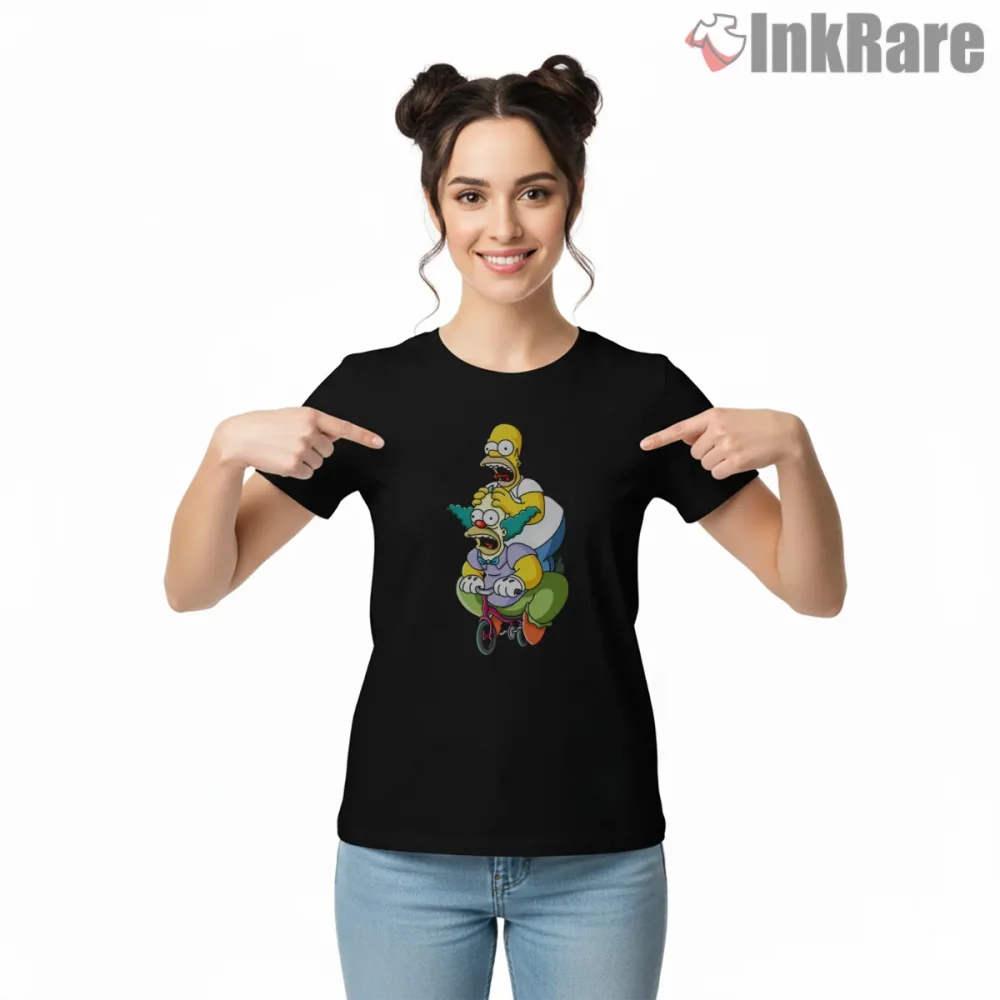 Homer And Krusty Tiny Tricycle Chaos Cartoon Shirt on black short sleeve shirt for women graphic tee
