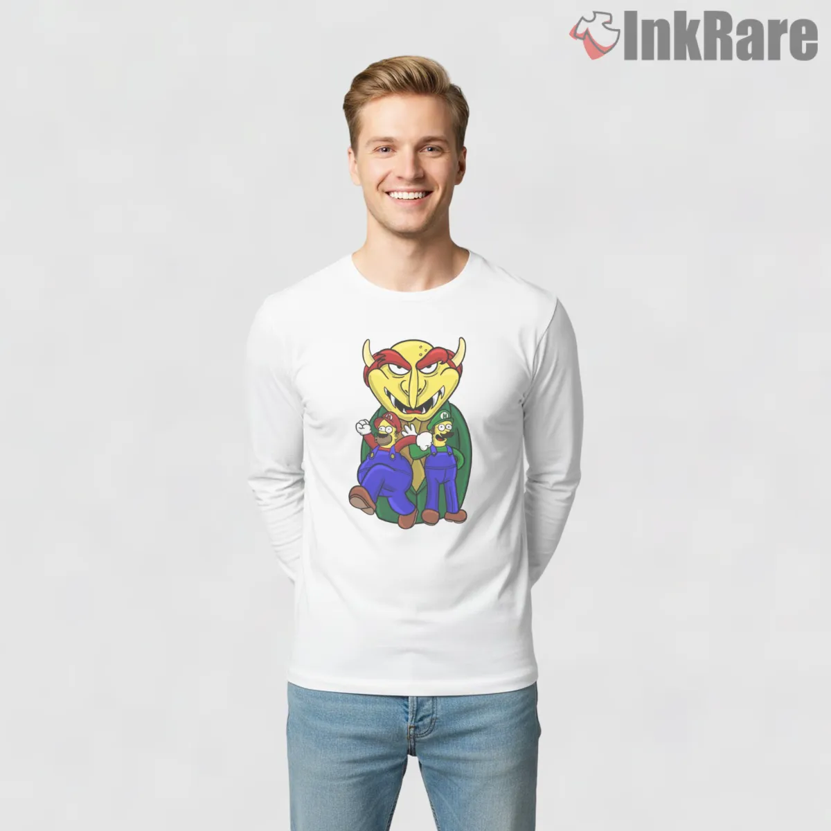 Homer And Ned Mario Luigi Plumber Brothers Game Mashup Long Sleeve White Homer And Ned Mario Luigi Plumber Brothers Game Mashup Shirt on white long sleeve shirt for men graphic tee