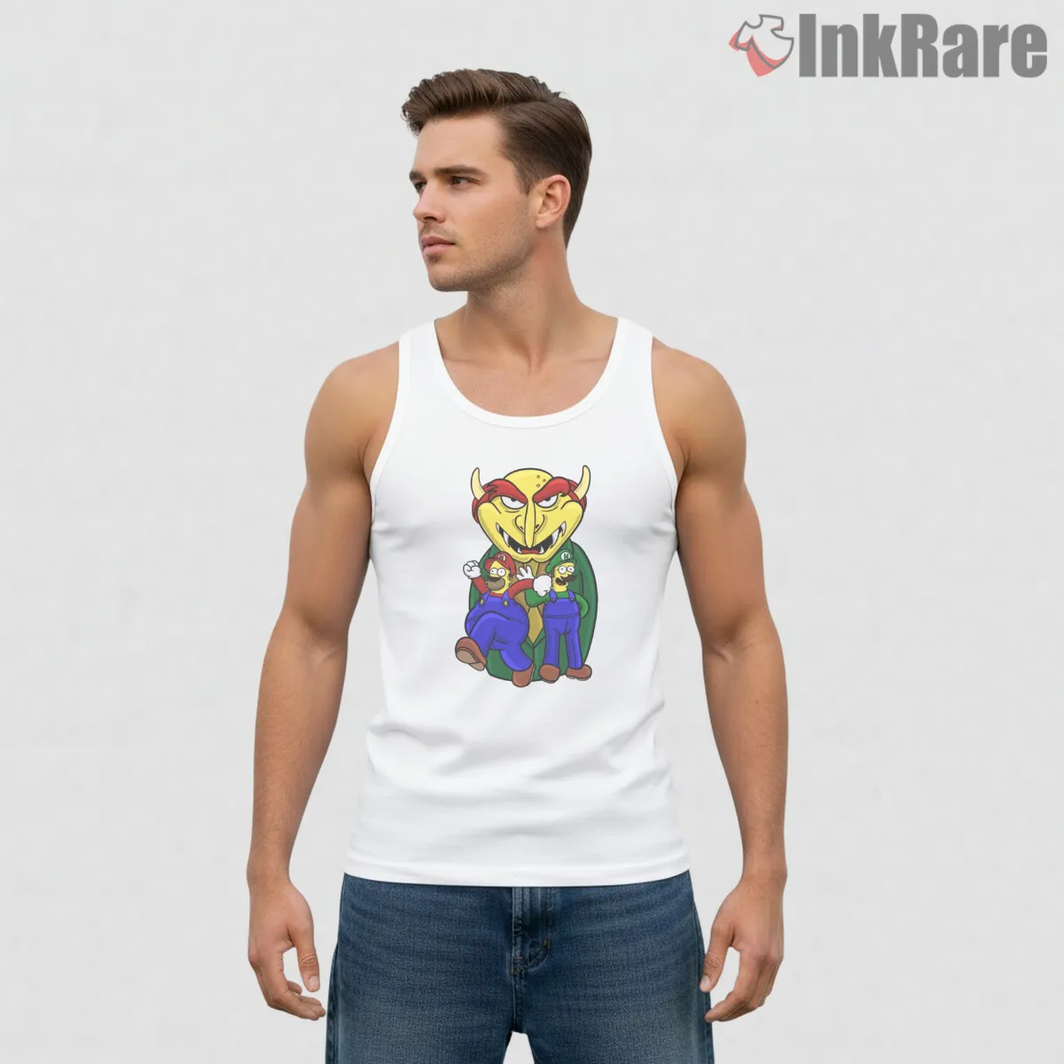 Homer And Ned Mario Luigi Plumber Brothers Game Mashup Tank Top White Homer And Ned Mario Luigi Plumber Brothers Game Mashup Shirt on white tank top for men graphic tee
