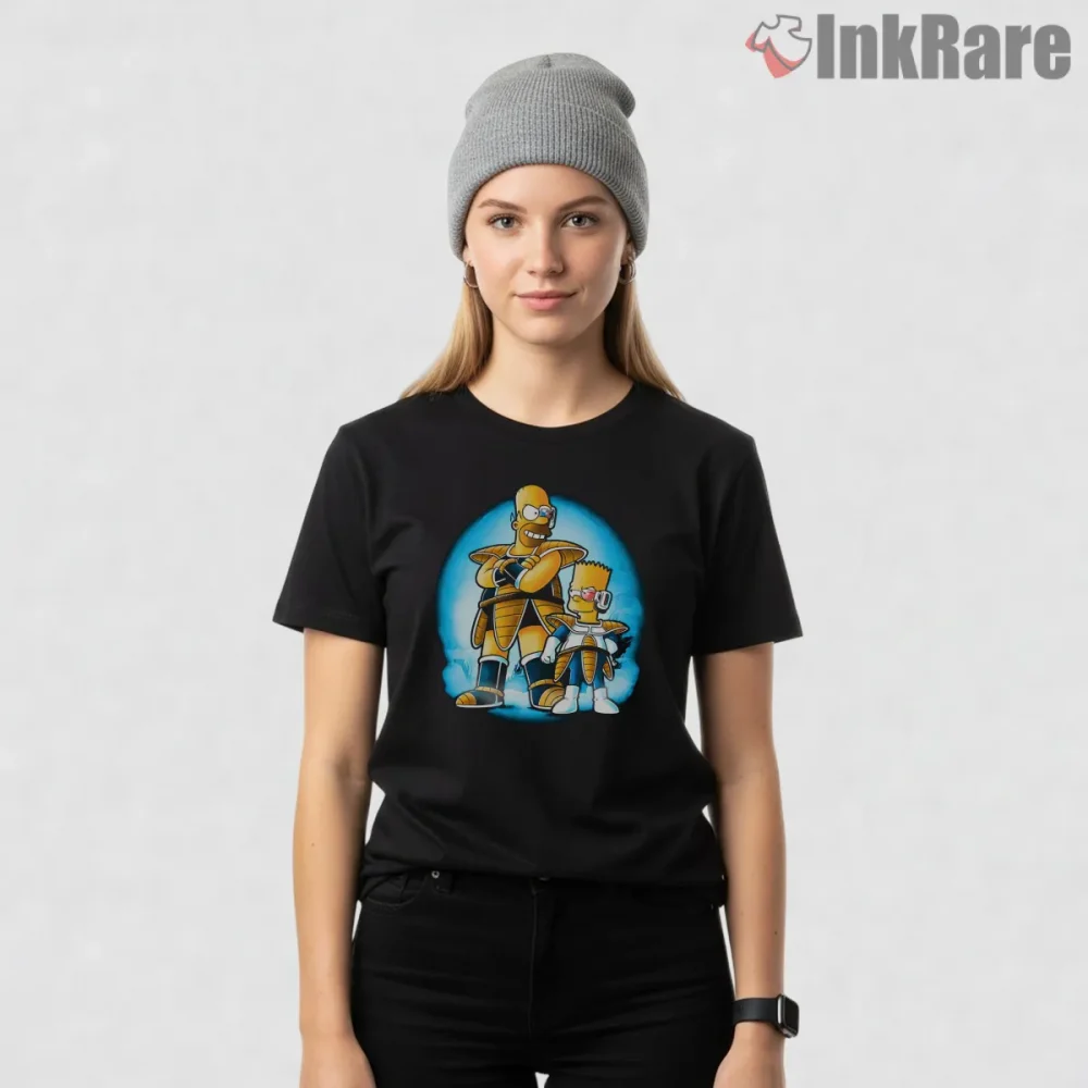 Homer Bart Saiyan Warriors Dragon Ball Mashup Shirt on black short sleeve shirt for women graphic tee
