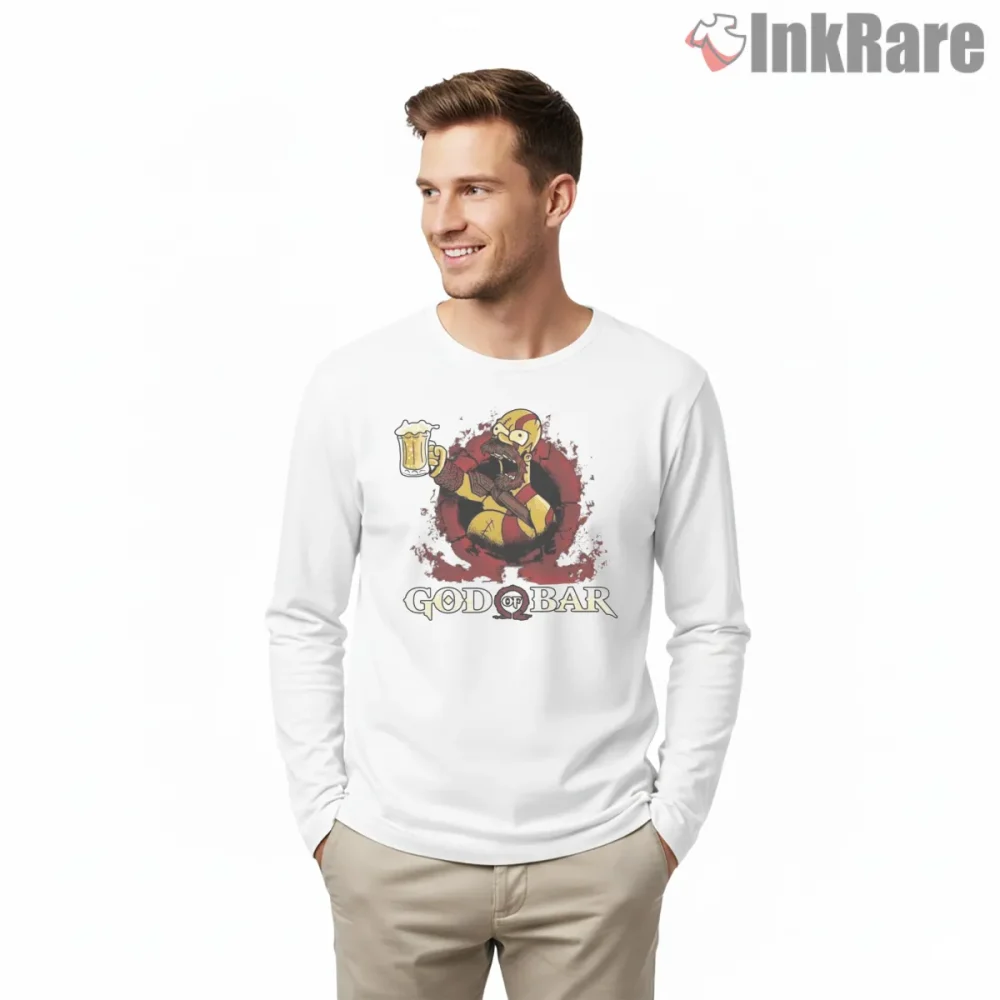 Homer God Of War Kratos Bar Parody Gaming Mashup Shirt on white long sleeve shirt for men graphic tee