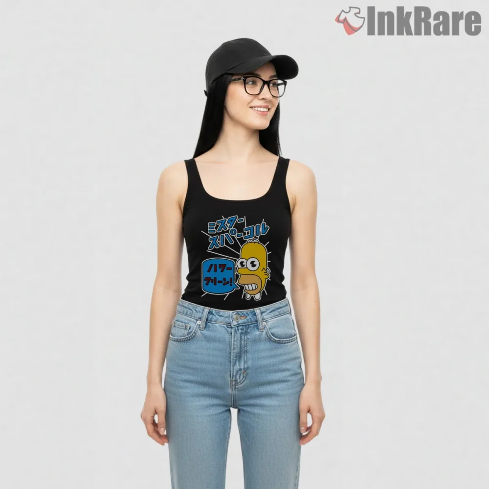 Homer Japanese Style Cartoon Pop Graphic Comedy Shirt on black tank top for women graphic tee