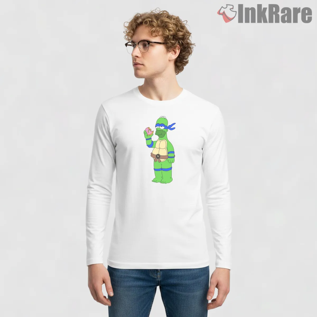 Homer Ninja Turtle Leonardo Mashup Cartoon Crossover Shirt on white long sleeve shirt for men graphic tee
