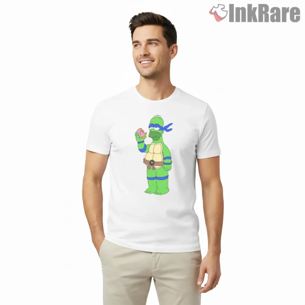 Homer Ninja Turtle Leonardo Mashup Cartoon Crossover Shirt on white short sleeve shirt for men graphic tee