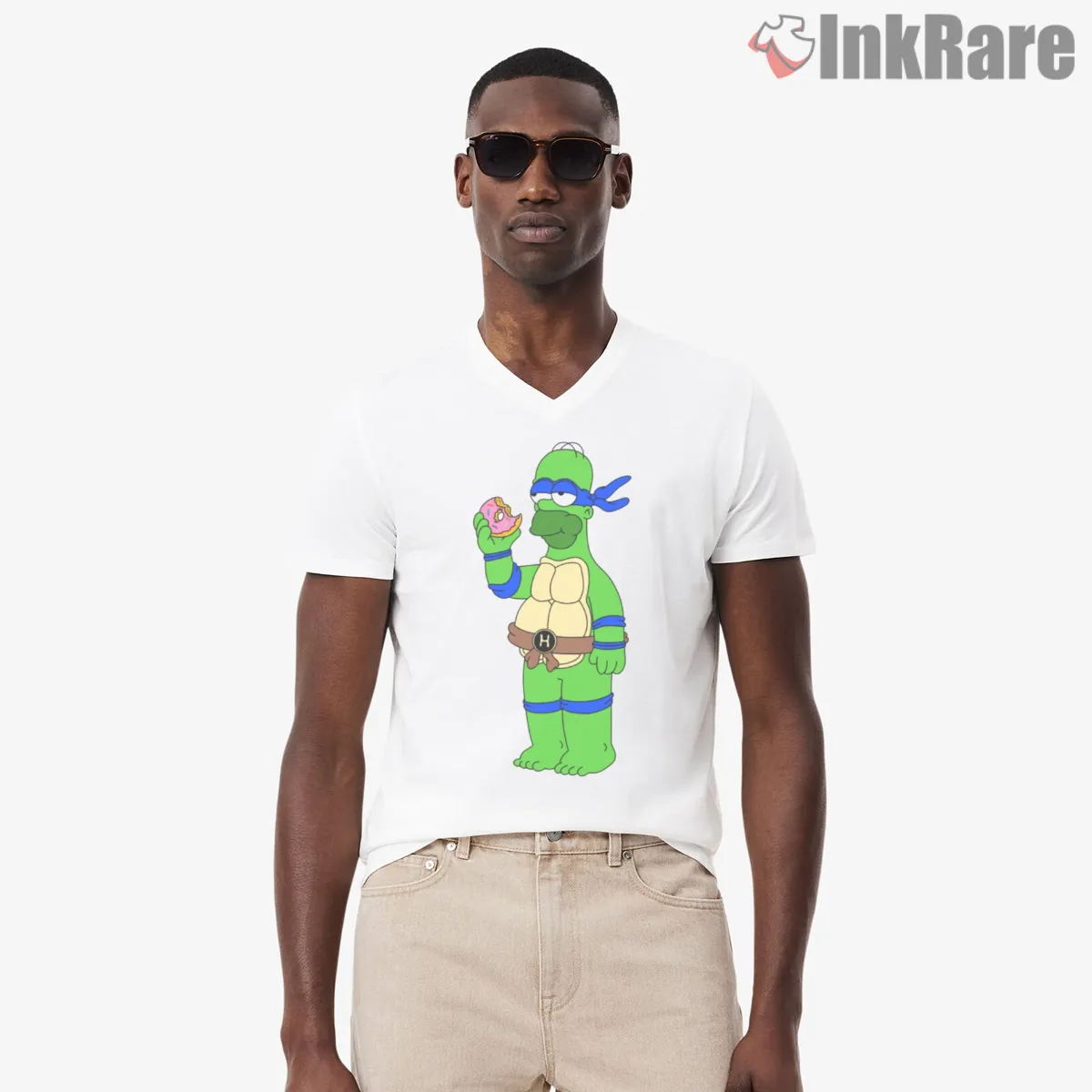 Homer Ninja Turtle Leonardo Mashup Cartoon Crossover V Neck White Homer Ninja Turtle Leonardo Mashup Cartoon Crossover Shirt on white v-neck shirt for men graphic tee