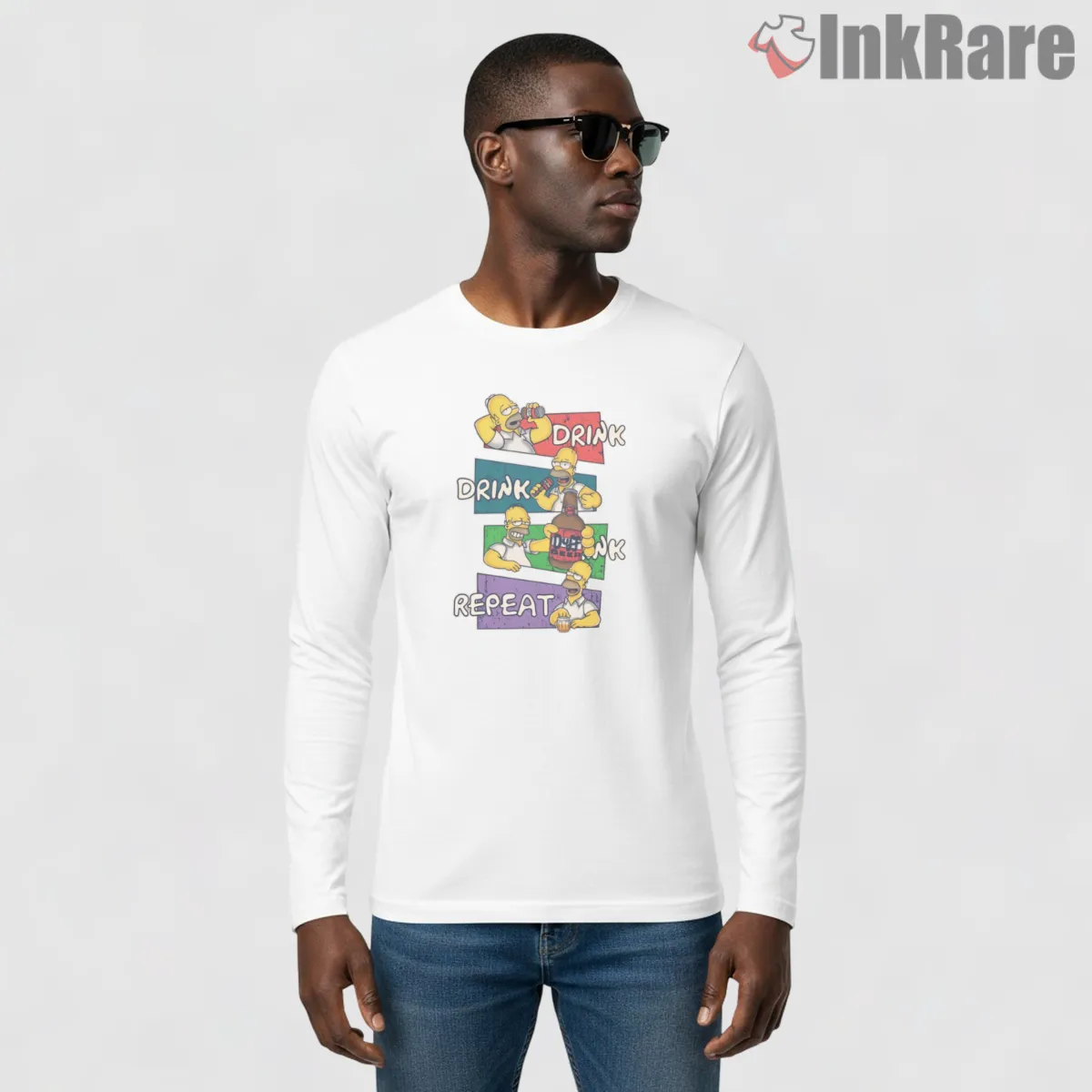 Homer Simpson Drink Drink Repeat Funny Routine Shirt on white long sleeve shirt for men graphic tee
