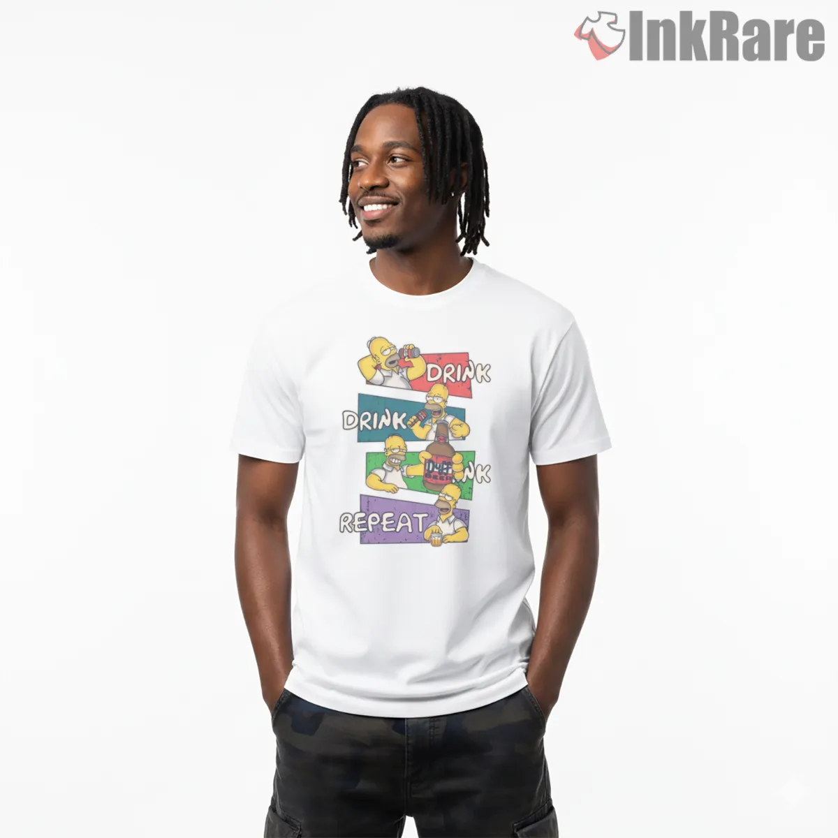 Homer Simpson Drink Drink Repeat Funny Routine Short Sleeve White Homer Simpson Drink Drink Repeat Funny Routine Shirt on white short sleeve shirt for men graphic tee