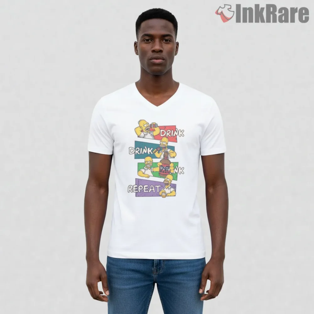 Homer Simpson Drink Drink Repeat Funny Routine Shirt on white v-neck shirt for men graphic tee