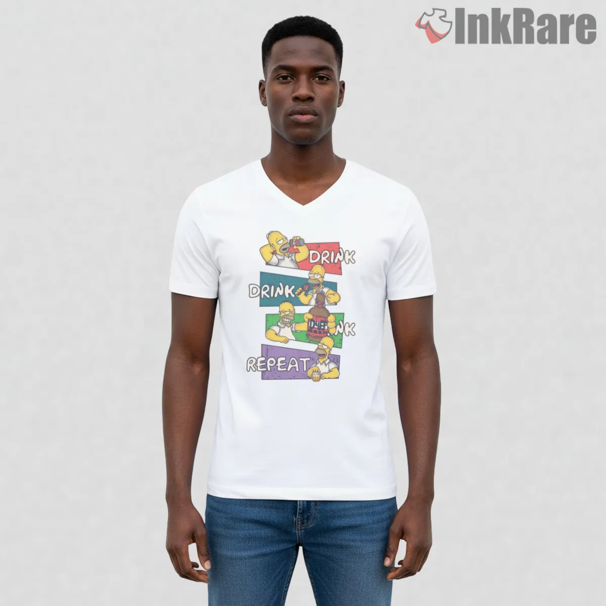 Homer Simpson Drink Drink Repeat Funny Routine V Neck White Homer Simpson Drink Drink Repeat Funny Routine Shirt on white v-neck shirt for men graphic tee