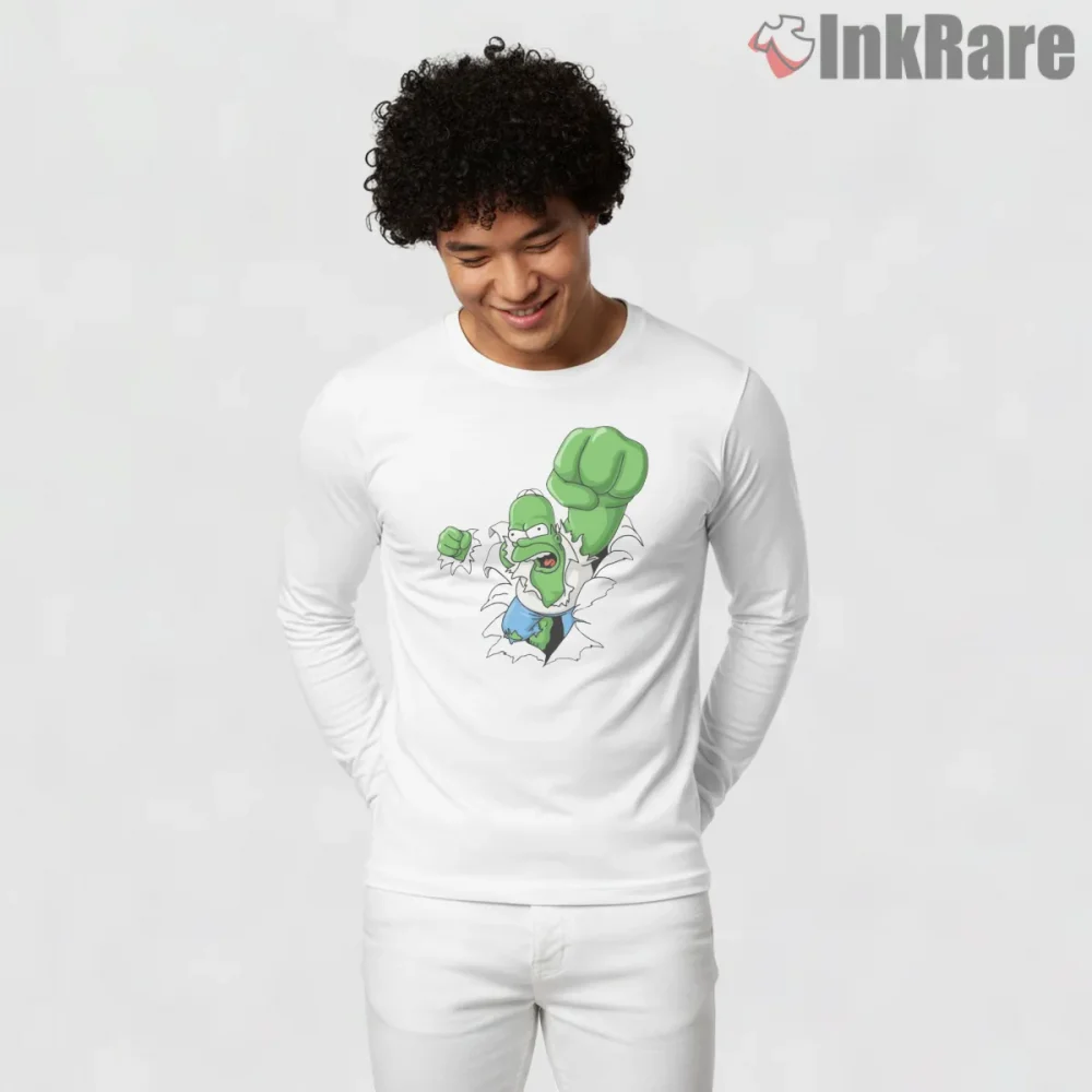Homer Simpson Hulk Smash Marvel Crossover Shirt on white long sleeve shirt for men graphic tee