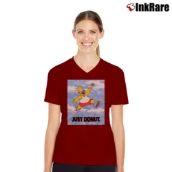 Women’s Homer Simpson Just Donut Simpsons 90s Air Jordan Cartoon Pop Culture V-Neck Tee in maroon | Chic Neckline, Soft Texture