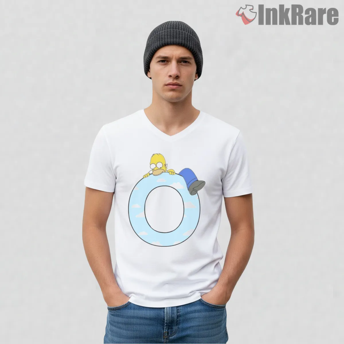 Homer Simpson Letter O Sky Minimal Cartoon V Neck White Homer Simpson Letter O Sky Minimal Cartoon Shirt on white v-neck shirt for men graphic tee