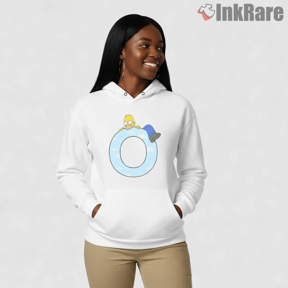Homer Simpson Letter O Sky Minimal Cartoon Hoodie White Homer Simpson Letter O Sky Minimal Cartoon Shirt on white hoodie for women graphic tee