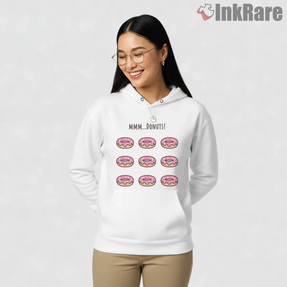Homer Simpson Mmm Donuts Classic Food Obsession Shirt on white hoodie for women graphic tee
