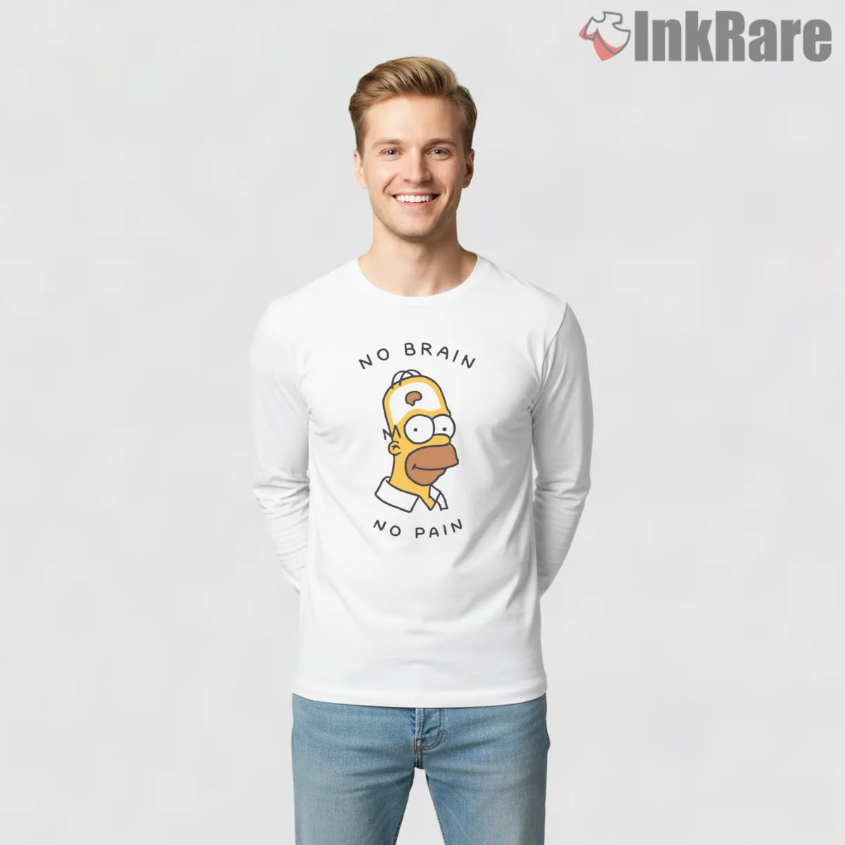 Homer Simpson No Brain No Pain Minimal Humor Shirt on white long sleeve shirt for men graphic tee