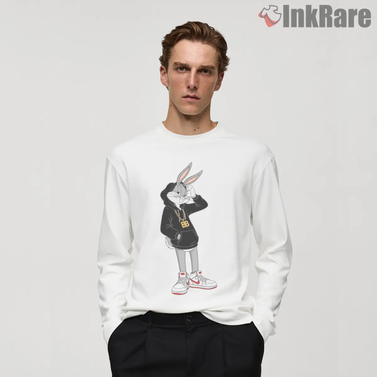 Hoodie Bugs Bunny Street Style Shirt on white long sleeve shirt for men graphic tee