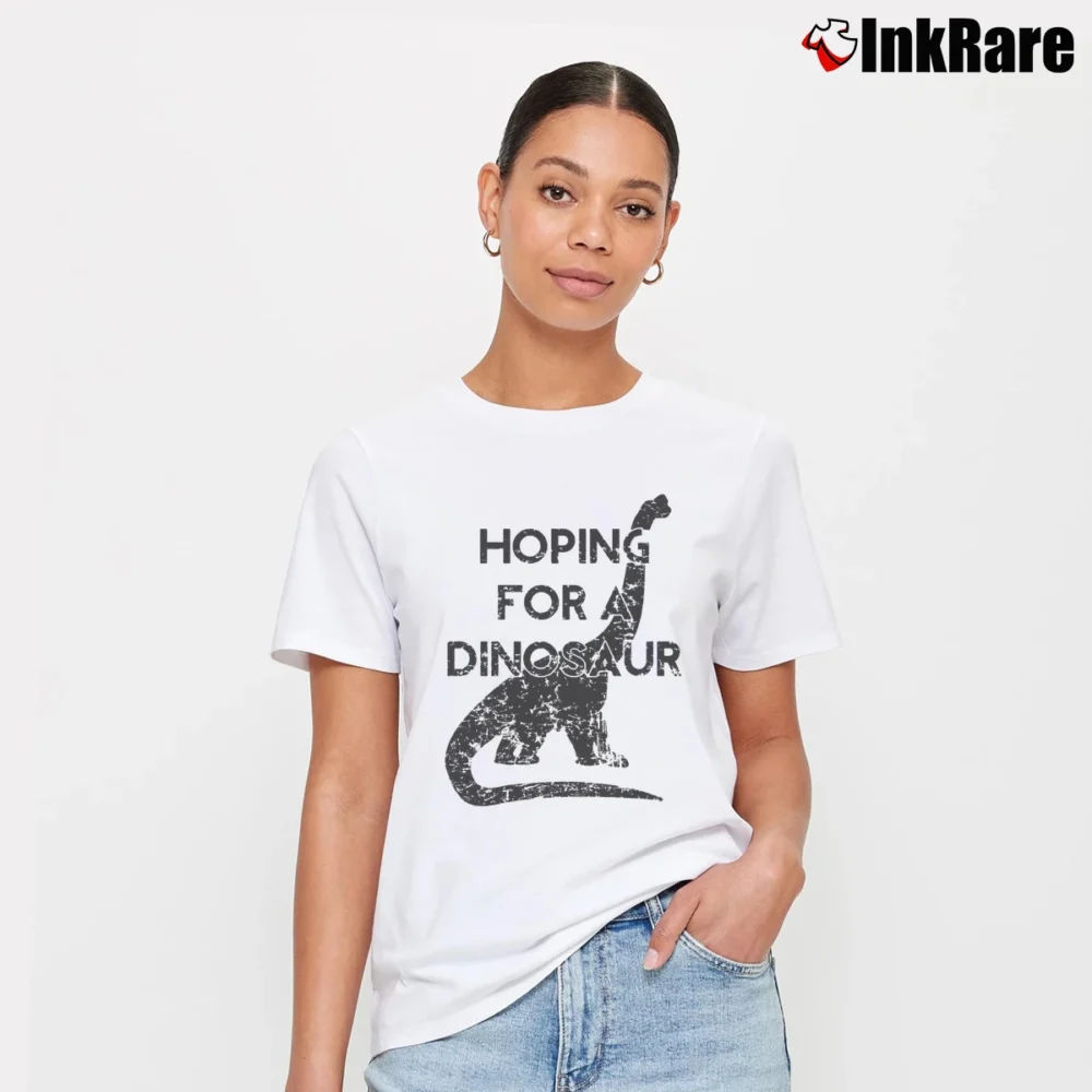 Women’s Hoping For A Dinosaur Funny Pregnancy Signature T-Shirt in white | Soft, Flattering Fit