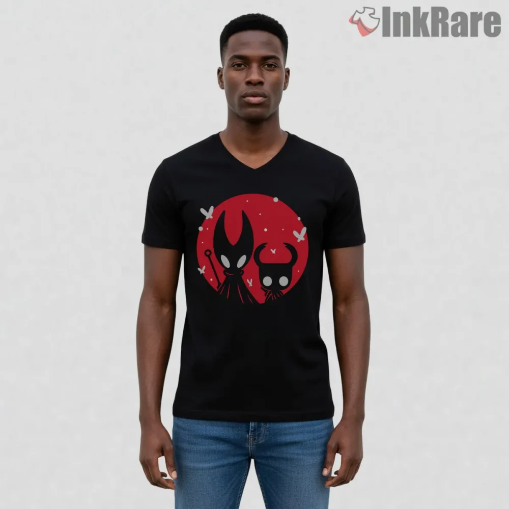 Hornet And Knight Red Moon Silhouette Duo Shirt on black v-neck shirt for men graphic tee