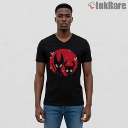Hornet And Knight Red Moon Silhouette Duo Shirt on black v-neck shirt for men graphic tee