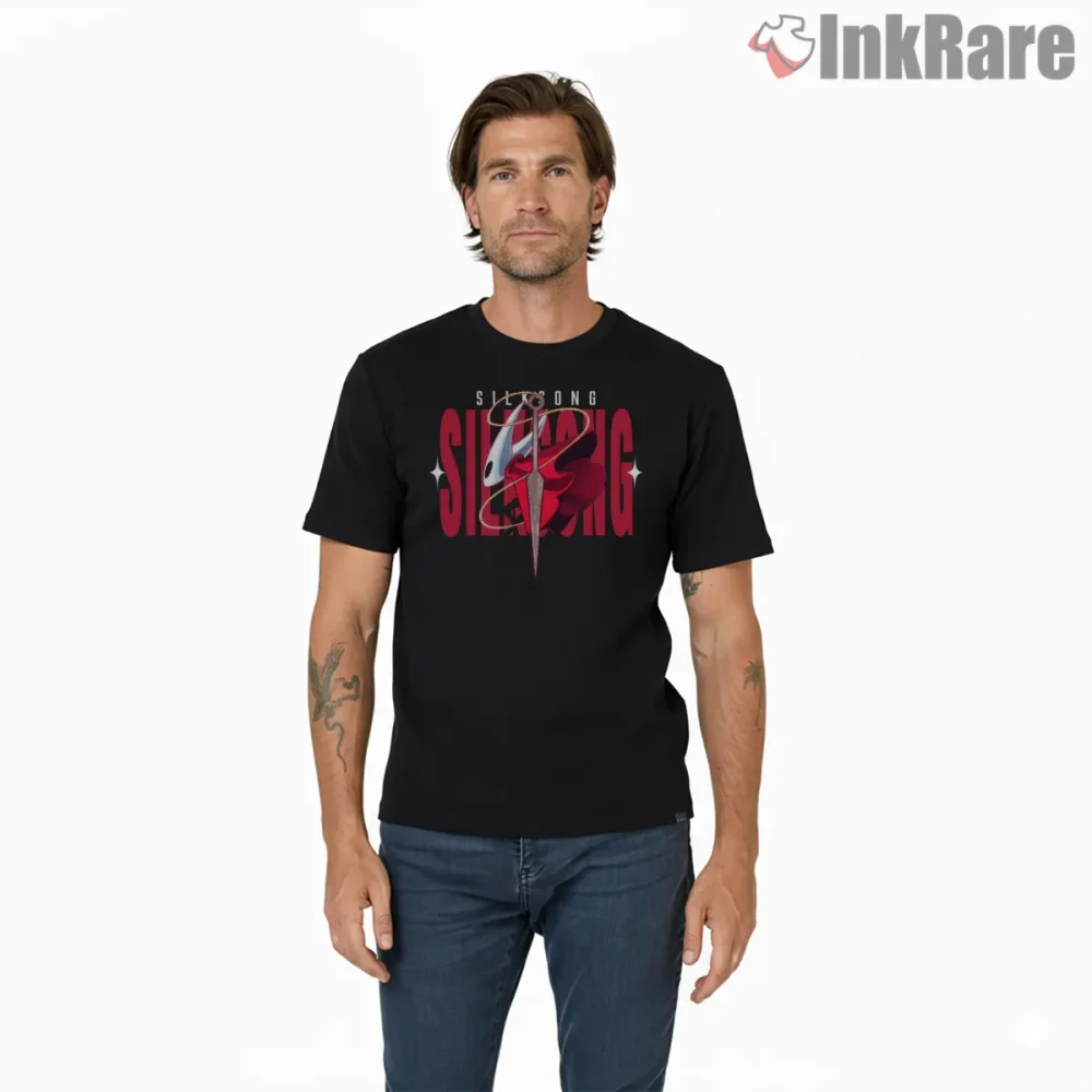 Hornet Bold Silksong Anime Style Red Impact Shirt on black short sleeve shirt for men graphic tee