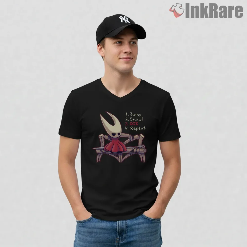 Hornet Jump Shaw Die Repeat Gamer Humor Shirt on black v-neck shirt for men graphic tee
