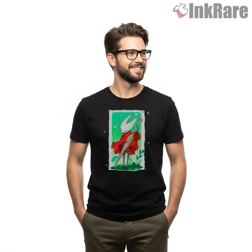 Hornet Needle Guardian Elegant Minimal Art Shirt on black short sleeve shirt for men graphic tee