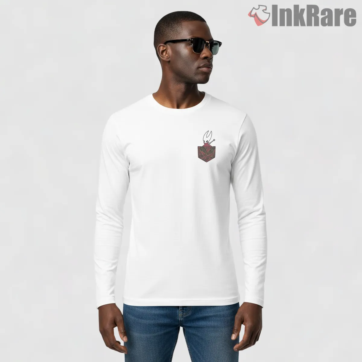 Hornet Pocket Frame Minimal Decorative Silksong Shirt on white long sleeve shirt for men graphic tee
